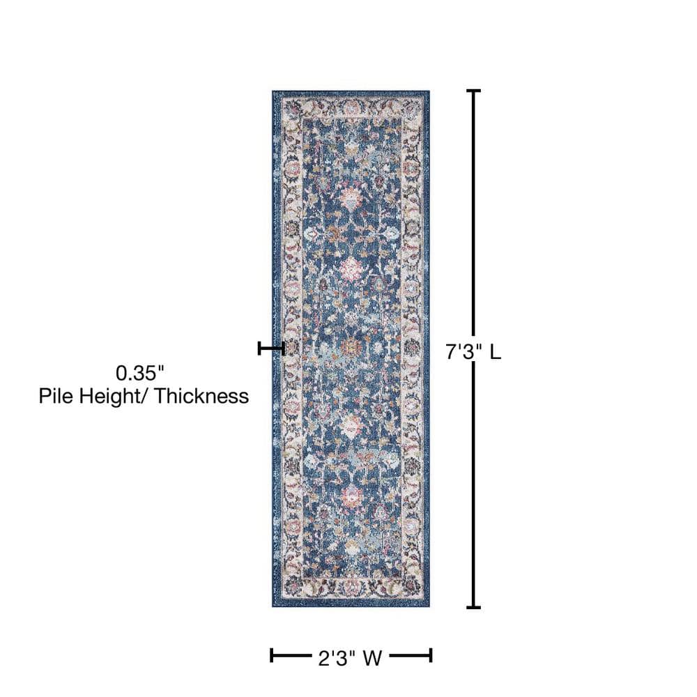 Vintage Navy Blue Polypropylene Border Runner Rug, 2' x 7'