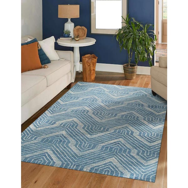 EORC Blue 5 ft. x 8 ft. Hand-Tufted Wool Contemporary Transitional Spring Area Rug