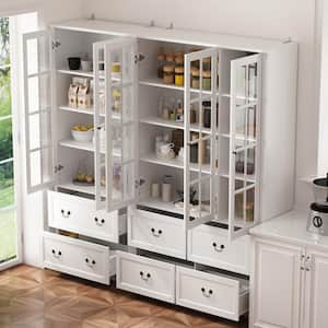 78.7 in. Tall White Wood 12-Shelf Combination Standard Bookcase Storage Cabinet with Tempered Glass Doors and 6-Drawers