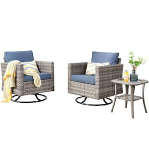 Tahoe Grey 3-Piece Wicker Outdoor Patio Conversation Swivel Rocking Chair Set with a Side Table and Denim Blue Cushions