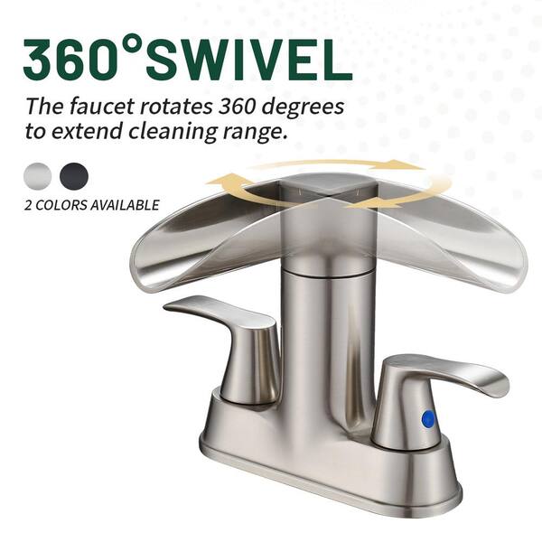 Rotatable 4 in. Centerset Double Bathroom Faucet with Drain kit Included Waterfall Lavatory in Brushed Nickel