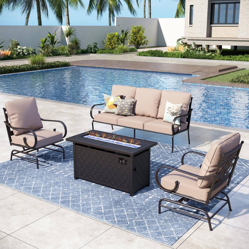 PHI VILLA Black Metal 5 Seat 4-Piece Steel Outdoor Fire Pit Patio Set ...