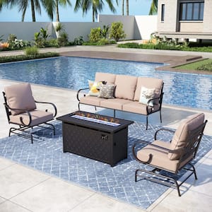 Black Metal 5 Seat 4-Piece Steel Outdoor Fire Pit Patio Set with Beige Cushions, Black Rectangular Fire Pit Table