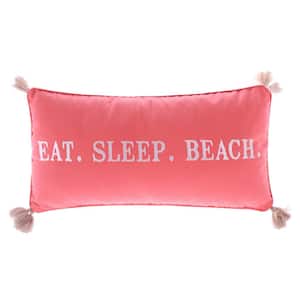Coral, White Embroidered Eat Sleep Beach With Corner Tassels 12 in. x 24 in. Throw Pillow
