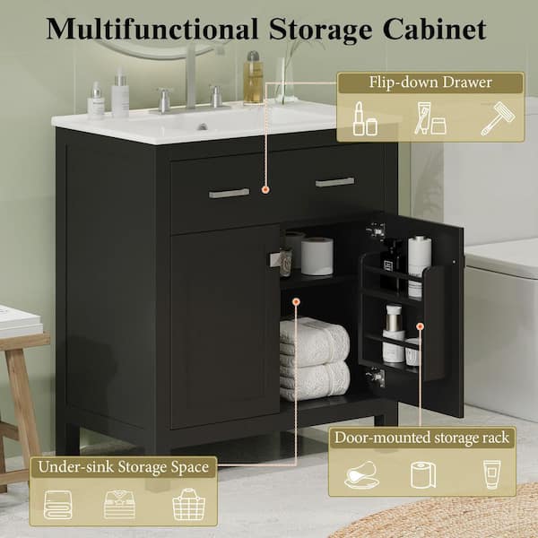 30 in. W Single Sink Modern Freestanding Black Bath Vanity with White Ceramic Top Dual Storage Shelves (Unassembled)