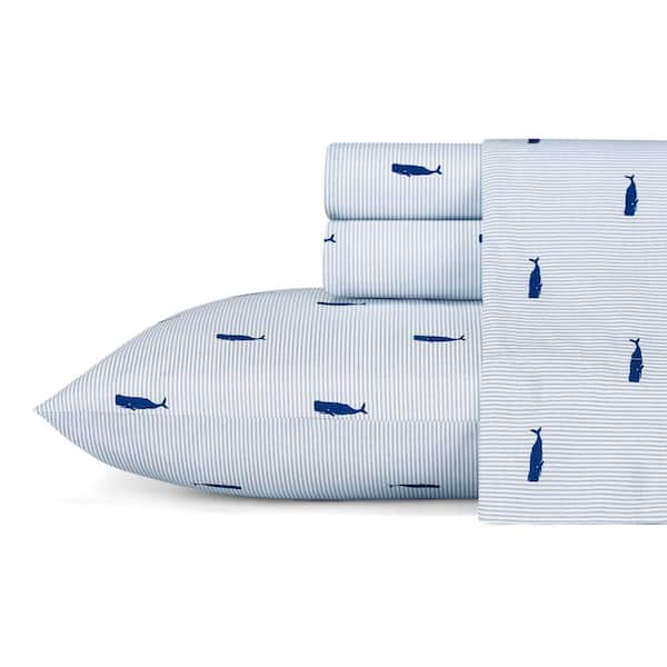 Nautica Whale Stripe 3-Piece Blue 200-Thread Count Cotton Twin Sheet Set