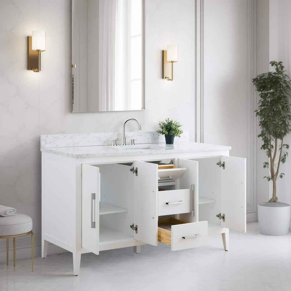 60'' White MDF Freestanding Bathroom Vanity with Engineered Marble Top