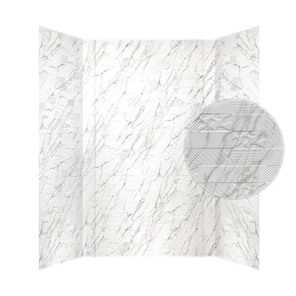 FROM PLAIN TO BEAUTIFUL IN HOURS Versa Tile 60 in. W x 96 in. H x 42 in. D 3-piece Glue-Up PVC Tub Surrounds Wall Panels in Marble