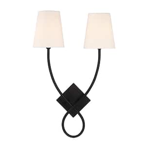 Barclay 2-Light Matte Black Wall Sconce with White Linen Fabric Shades
