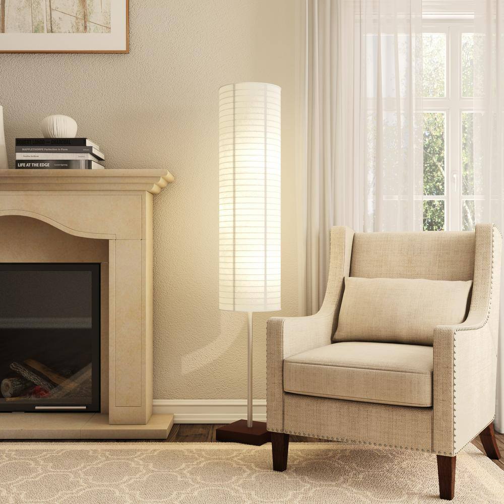 White Rice Paper and Steel Floor Lamp with Wooden Base