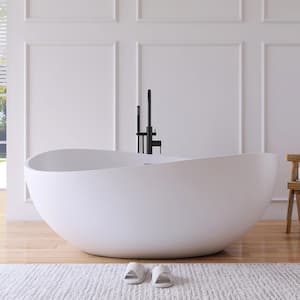 63 in. x 38.5 in. Wave Stone Resin Solid Surface Flatbottom Freestanding Soaking Bathtub in Matte White