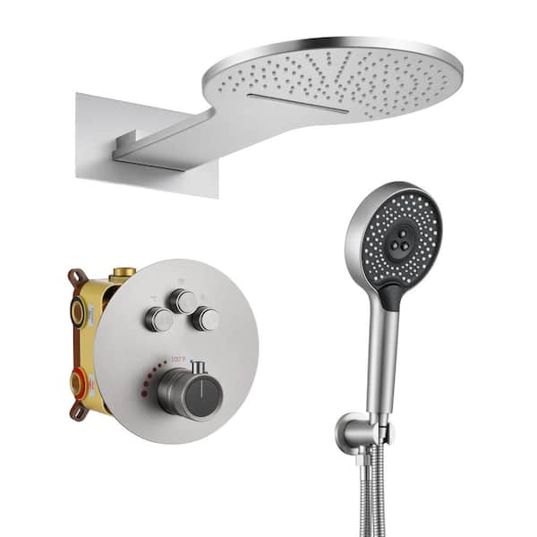Dimakai Single Handle 3-Spray 2-function Luxury Thermostatic Dual Shower Faucet 2.5 GPM with Waterfall in Brushed Nickel