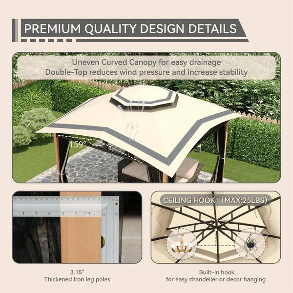 Zeus & Ruta 11 ft. x 11 ft. Beige Canopy Gazebo with Double