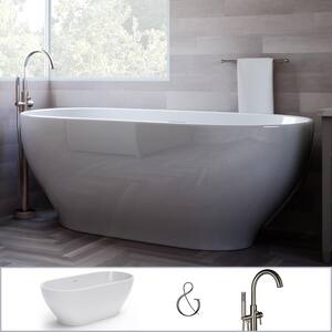 W-I-D-E Series Palisades 67 in. Acrylic Oval Free-Standing Bathtub in White, Floor-Mount Faucet in Brushed Nickel