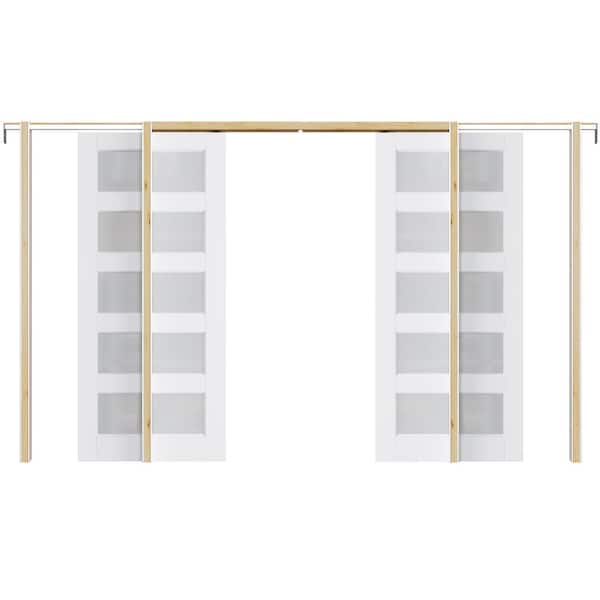 72 in. x 80 in. 5-Lite Glass White Primed MDF Pocket Sliding Door with Pocket Door Hardware Kit (Soft Close Included)