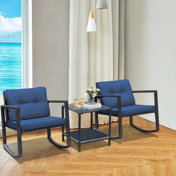 3-Piece Rattan Patio Conversation Set with Navy Cushions