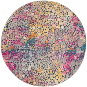 Passion Yellow/Multicolor 4 ft. x 4 ft. Persian Modern Round Area Rug