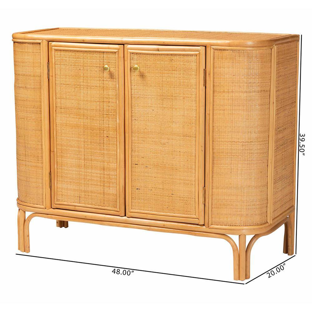 Natural Brown Rattan 2-Door Storage Cabinet with Gold Knobs