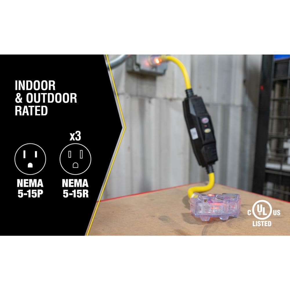 Yellow 2 ft. Triple Outlet Cord with GFCI and Lighted Power Block