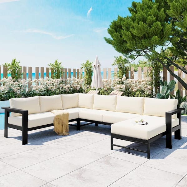 Black Aluminum Outdoor Sectional Set with White Cushions, U-shaped