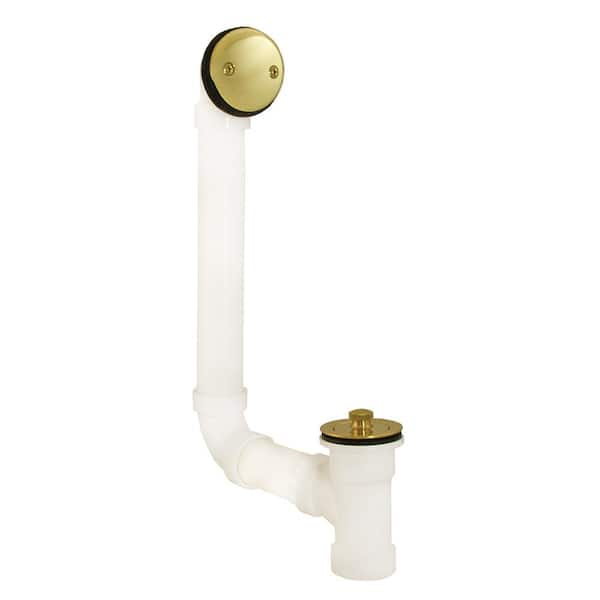 JONES STEPHENS Toe Touch White Plastic Tubular 2-Hole Bath Waste and  Overflow Tub Drain Direct T-Waste Full Kit in Polished Brass B07126 - The  Home Depot