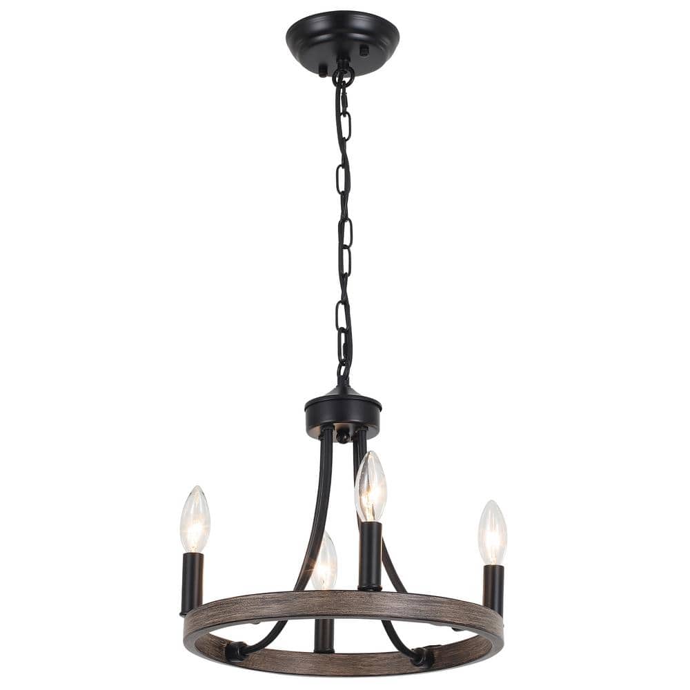 4-Light Black and Imitation Wood Grain Modern Adjustable Height Light Fixtu