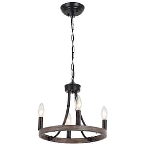 4-Light Black and Imitation Wood Grain Modern Adjustable Height Light Fixture Wagon Wheel Chandelier