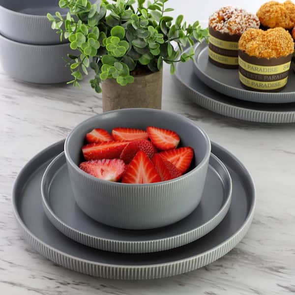 Gibson Home 12 Piece Stoneware Dinnerware Set in Grey Service for