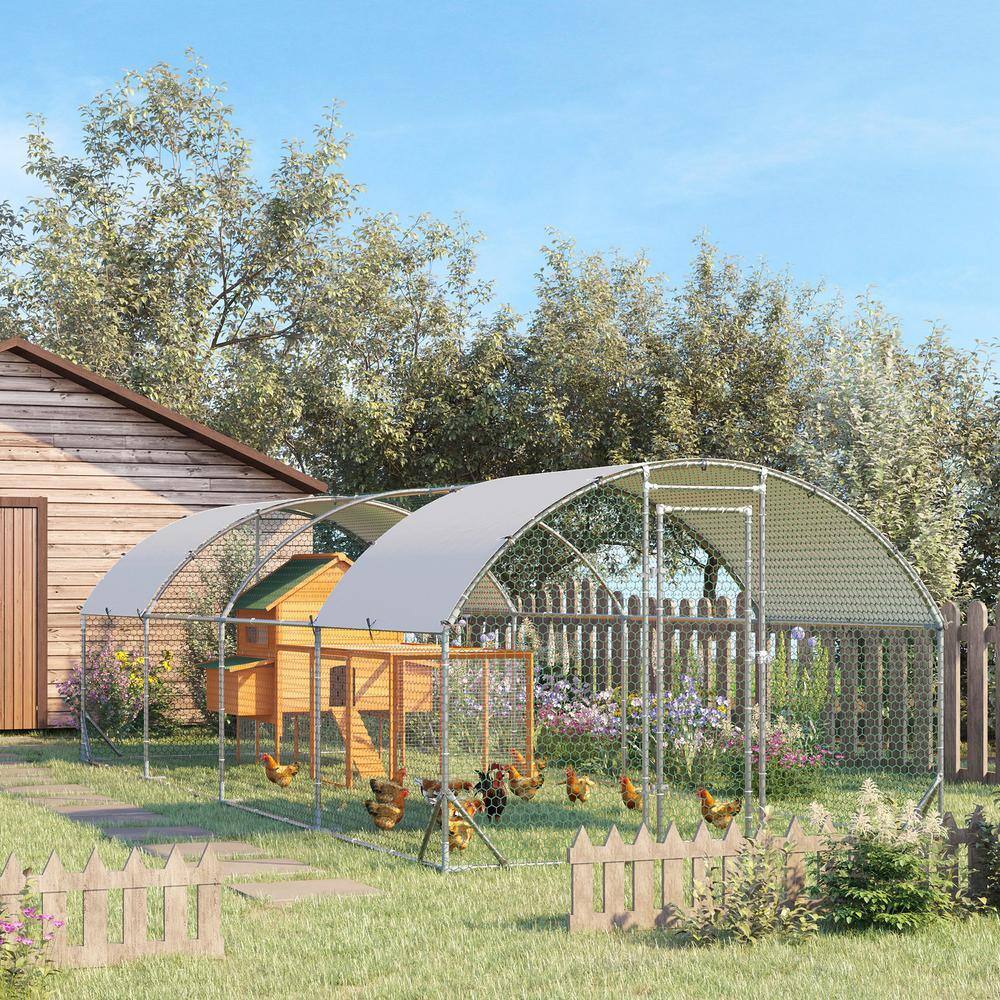 Large Silver Metal Walk-In Chicken Coop with UV-Resistant Cover