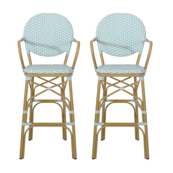 Noble House Ladieu Light Teal and White Aluminum and Wicker Outdoor Bar Stool (2-Pack)