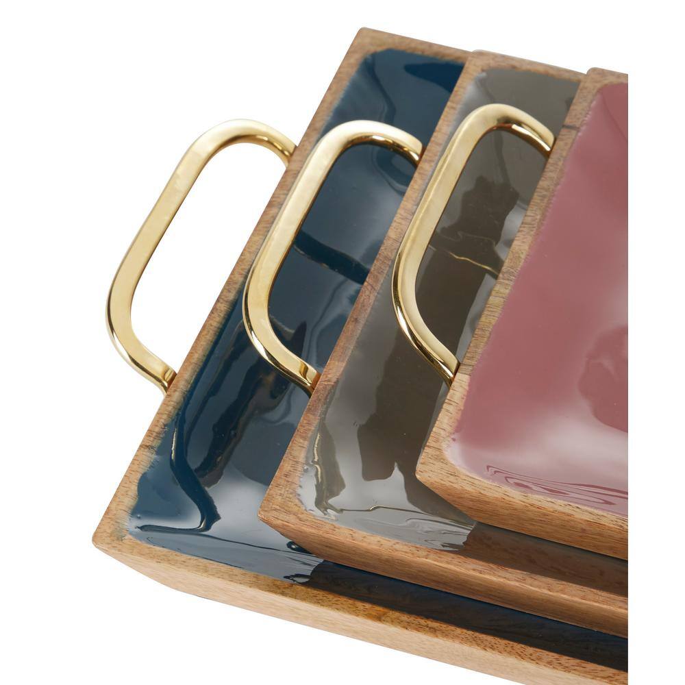 Multi Colored Enamel and Mango Wood Rectangular Tray Set