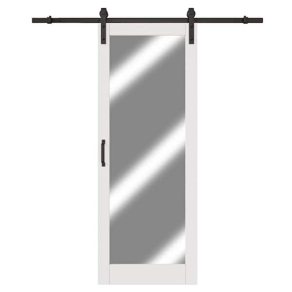 32 in. x 80 in. 1-Lite Full Length Mirrored Glass White Primed MDF Sliding Barn Door with Hardware Kit (Black Track)