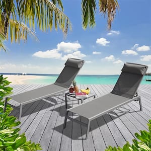 Grey Patio Chaise Lounge Pieces Adjustable Aluminum Backrest Pool Textilene Sunbathing Recliner 2 Lounge Chairs 1 Table
