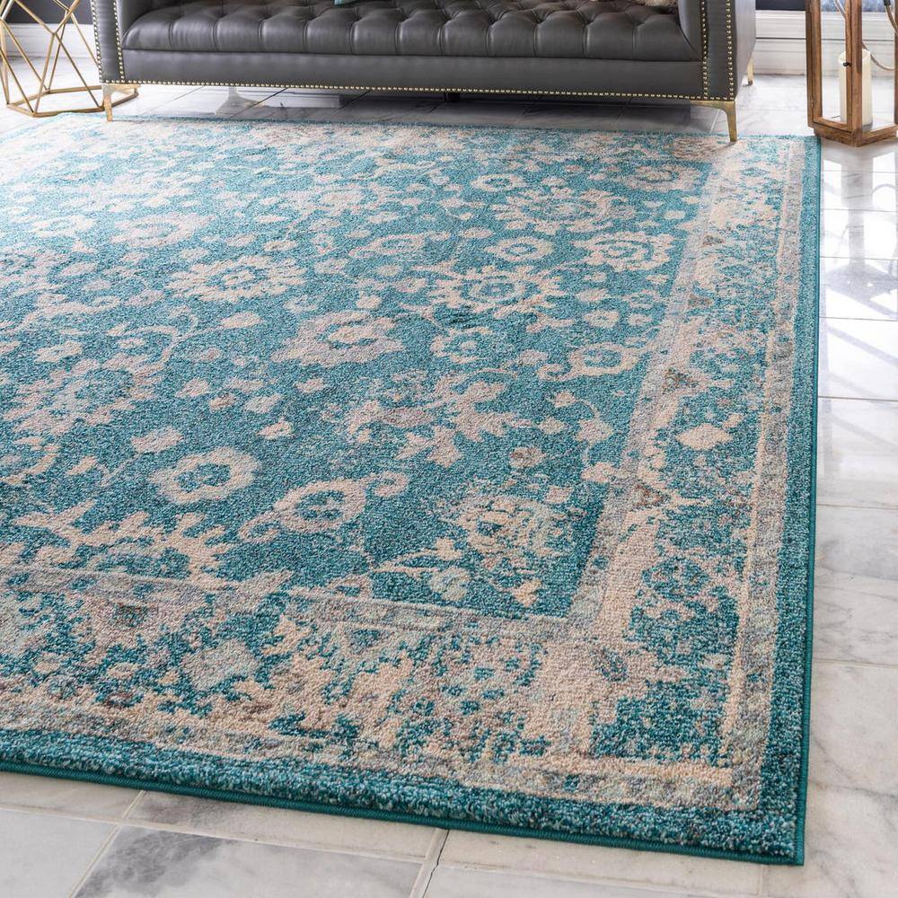 Turquoise Floral 8x8 Square Synthetic Rug for Indoor Elegance