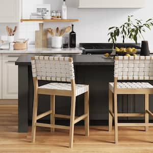 Cohen 24 in. Off White Upholstered Back Solid Wood Frame Counter Stool with Woven Faux Leather Seat (Set of 2)