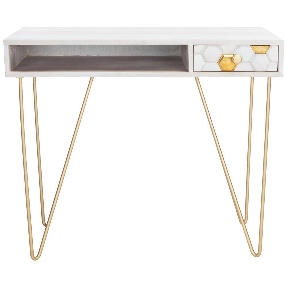 White and Brass Wood Writing Desk with Drawer