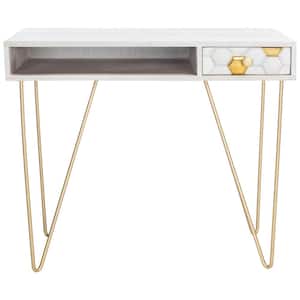 Raveena 34.6 in. White/Gold Wood 1-Drawer Writing Desk