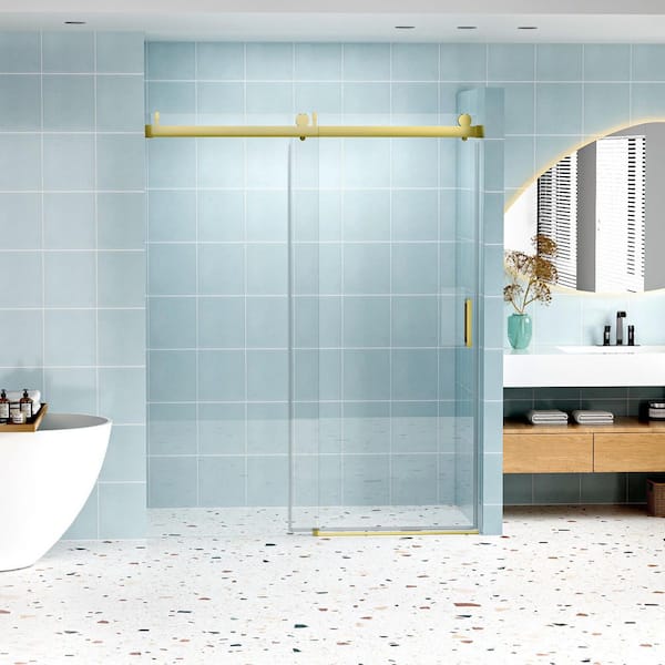 56 to 60 in. W x 76 in. H Sliding Frameless Shower Door in Gold Finish with Clear Glass