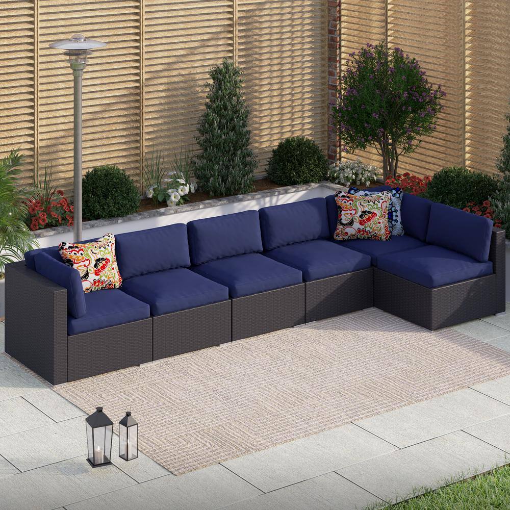 PHI VILLA Dark Brown Rattan Wicker 6 Seat 6Piece Steel Outdoor Patio