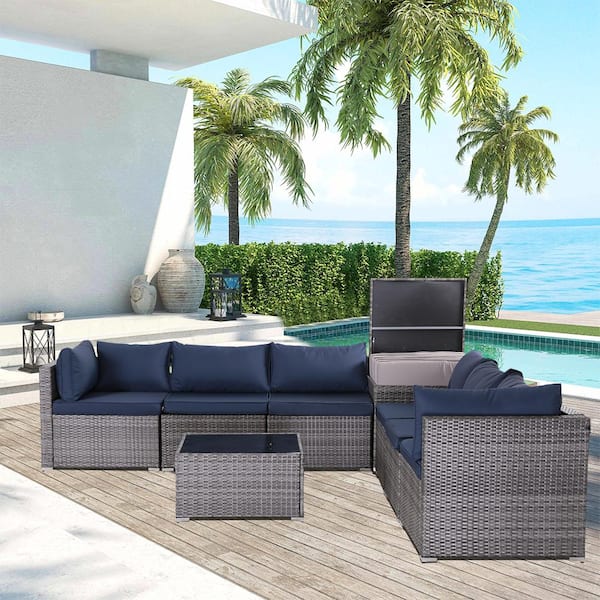 Cesicia 8-Piece Gray Wicker Outdoor Sectional Set Adjustable Seat with Navy Cushions and Storage Box