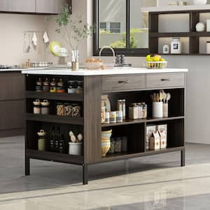 Marble Wood Grain Top 55.1 in.. W Kitchen Island D in. in.g Bar Table in. Dark Brown With Shelves, 2-Drawers