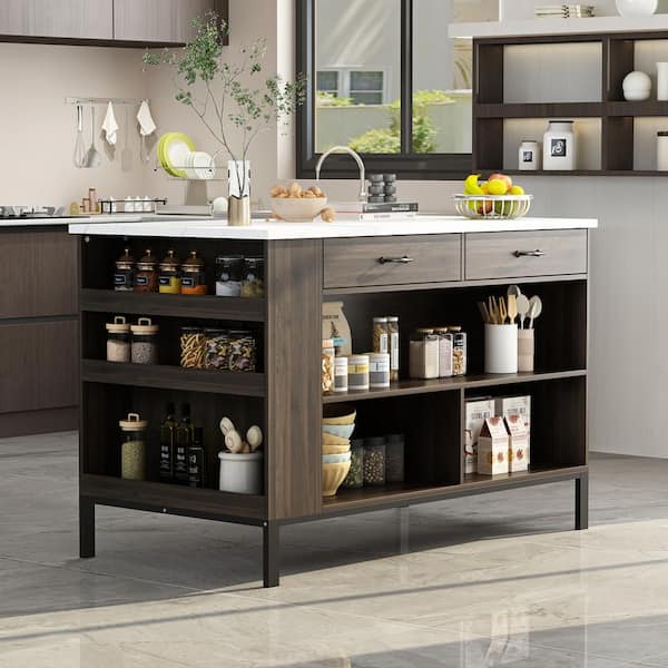 FUFU&GAGA Marble Wood Grain Top 55.1 in.. W Kitchen Island D in. in.g Bar Table in. Dark Brown With Shelves, 2-Drawers