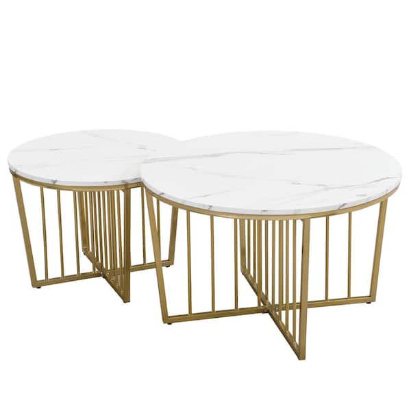 Clihome 32 in. White Round Modern Nesting Wood Top Coffee Table Set2-Piece Gold Base