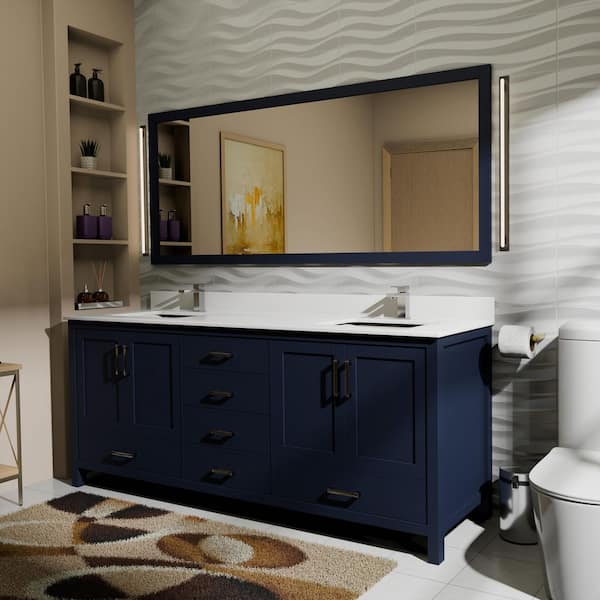 Lexora Jacques 72 in. W x 22 in. D x 34 in. H Freestanding Bath Vanity in Navy Blue with White Quartz Top