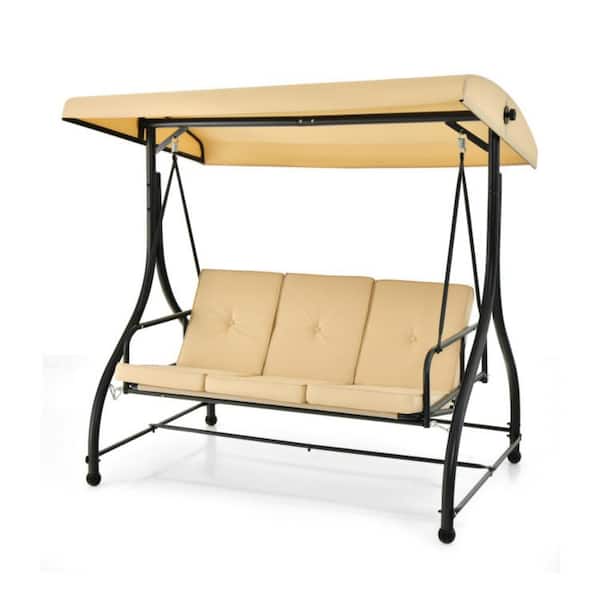Kadehome 3-Person Black Metal Patio Swing Chair with Adjustable Canopy and Cushion in Beige