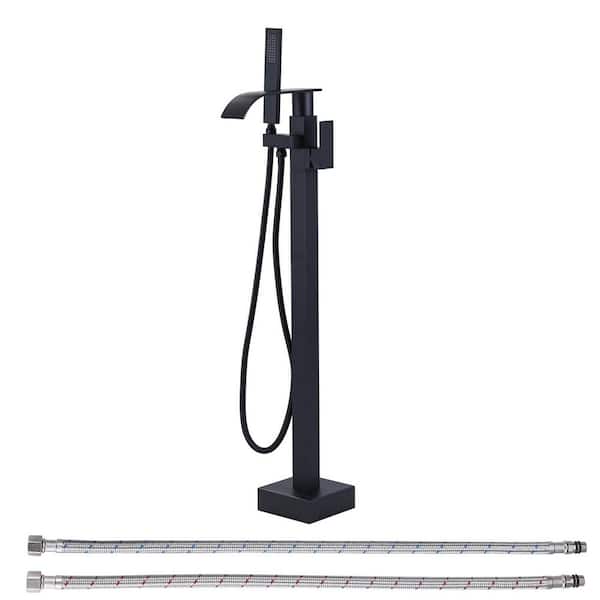 Modern Brass Single-Handle Waterfall Freestanding Floor Mount Tub Faucet with Handheld Showerhead in Matte Black