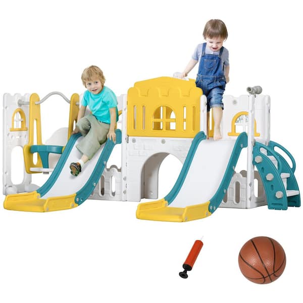 8 in 1 Yellow Slide and Swing Playset with Basketball Hoop and Telescope