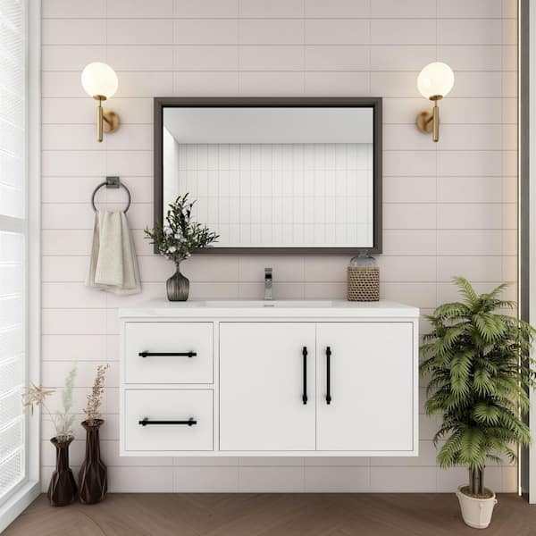 Victoria 42 in. W x 20 in. D x 22 in. H Single Sink Floating Bath Vanity in Gloss White with White Acrylic Top