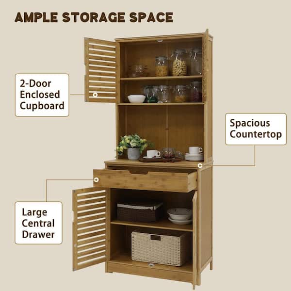 Tiita Small Kitchen Pantry Cabinet, Bamboo Wall Sideboard with Glass Doors,  Cupboard Food Pantry Cabinet for Kitchen, Living Room and Dinning Bedroom