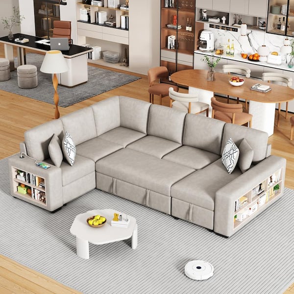 Nestfair 109 in. Chenille U-Shaped Sectional Sofa Pull-Out Sofa Bed in. Beige with 2 USB Ports and Storage Shelves